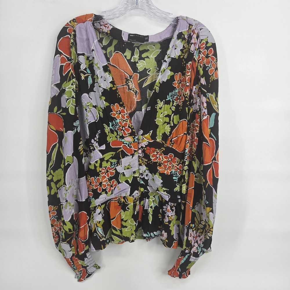 ASOS Floral Blouse Size 10 Black Orange Boho Colorful Peplum Long Sleeve